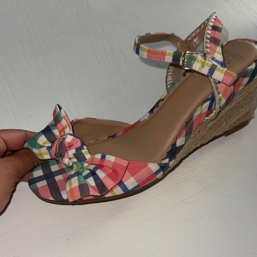 crown & ivy Pink Multicolor Plaid Bow Ankle-Strap Sandals